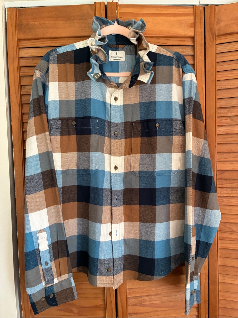 Ruffled Collar Plaid Button-Down Shirt - Blue & Brown - Picture 5 of 6